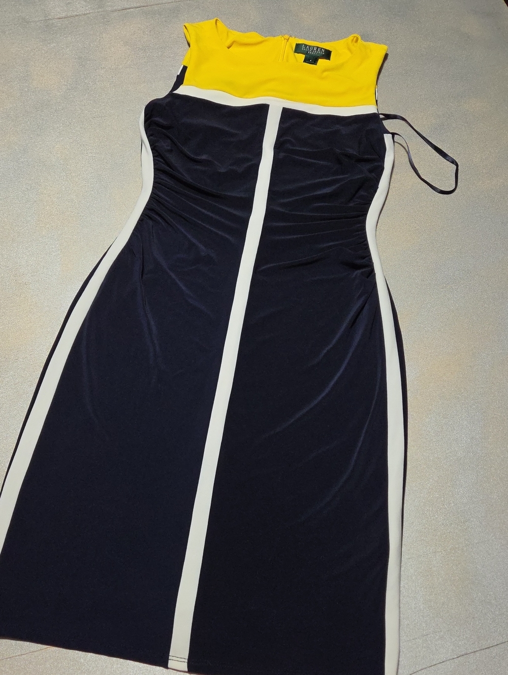 Lauren Ralph Lauren Yellow and Navy Colorblock Midi Sheath Dress